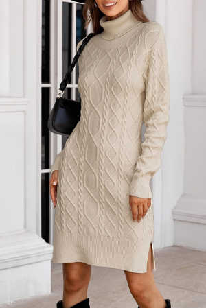 Apricot Turtleneck Pullover Textured Pattern Bodycon Sweater Dress with Slits 67eba
