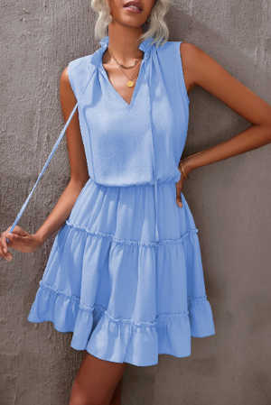 Sky Blue Sleeveless V Neck Ruffled Swing Mini Dress 58195
