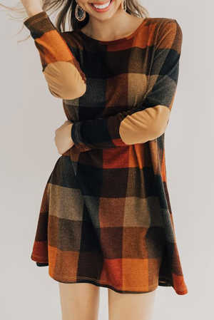 Brown Plaid Round Neck Long Sleeve Mini Dress 0a903