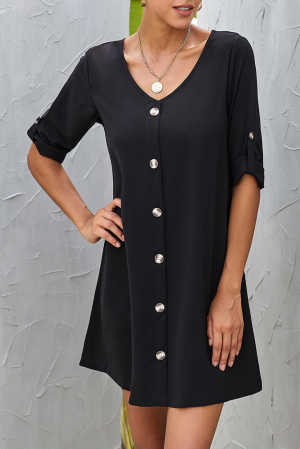 Black V Neck Button Front Roll up Tab Sleeve Dress 94e2a