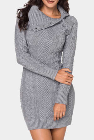 Asymmetric Buttoned Collar Grey Bodycon Sweater Dress ff153