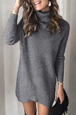 Gray Turtleneck Long Sleeve Knitted Sweater Dress 16ab9