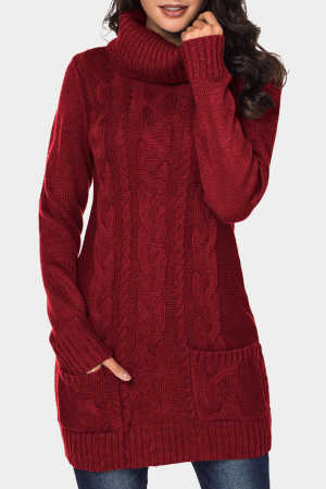Red Cowl Neck Cable Knit Sweater Dress 266a3