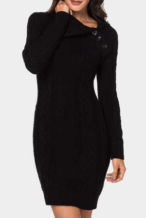 Asymmetric Buttoned Collar Black Bodycon Sweater Dress 5156e