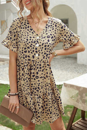 Leopard V Neck Ruffled Mini Dress with Buttons 0a62c