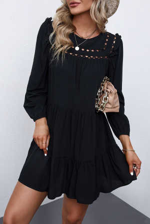Black Crewneck Lantern Sleeve Hollow-Out Tiered Dress with Pocket 7bacc