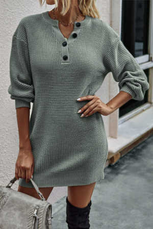 Gray Buttoned Notched Neck Drop Shoulder Waffle Knit Sweater Dress 42e53