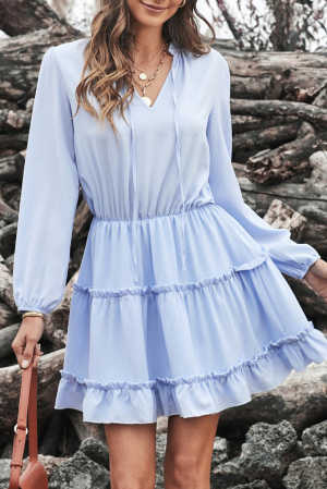 Light Blue V Neck Long Sleeve Ruffle Tiered Mini Dress 5829f