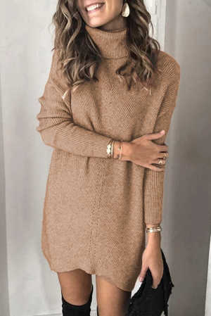 Brown Turtleneck Long Sleeve Knitted Sweater Dress e0a8b