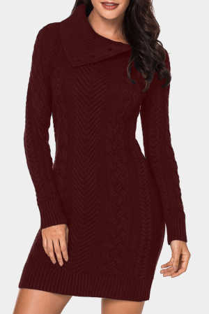 Asymmetric Buttoned Collar Burgundy Bodycon Sweater Dress 4fe55
