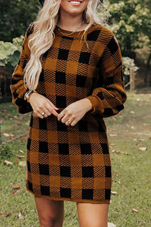 Brown Plaid Sweater Dress c0216