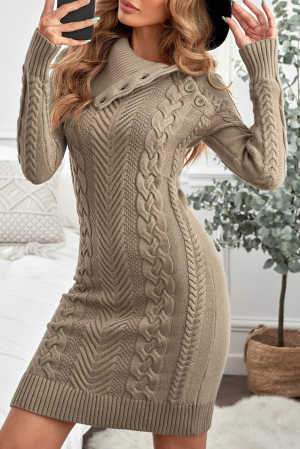 Asymmetric Buttoned Collar Apricot Bodycon Sweater Dress 15b1a